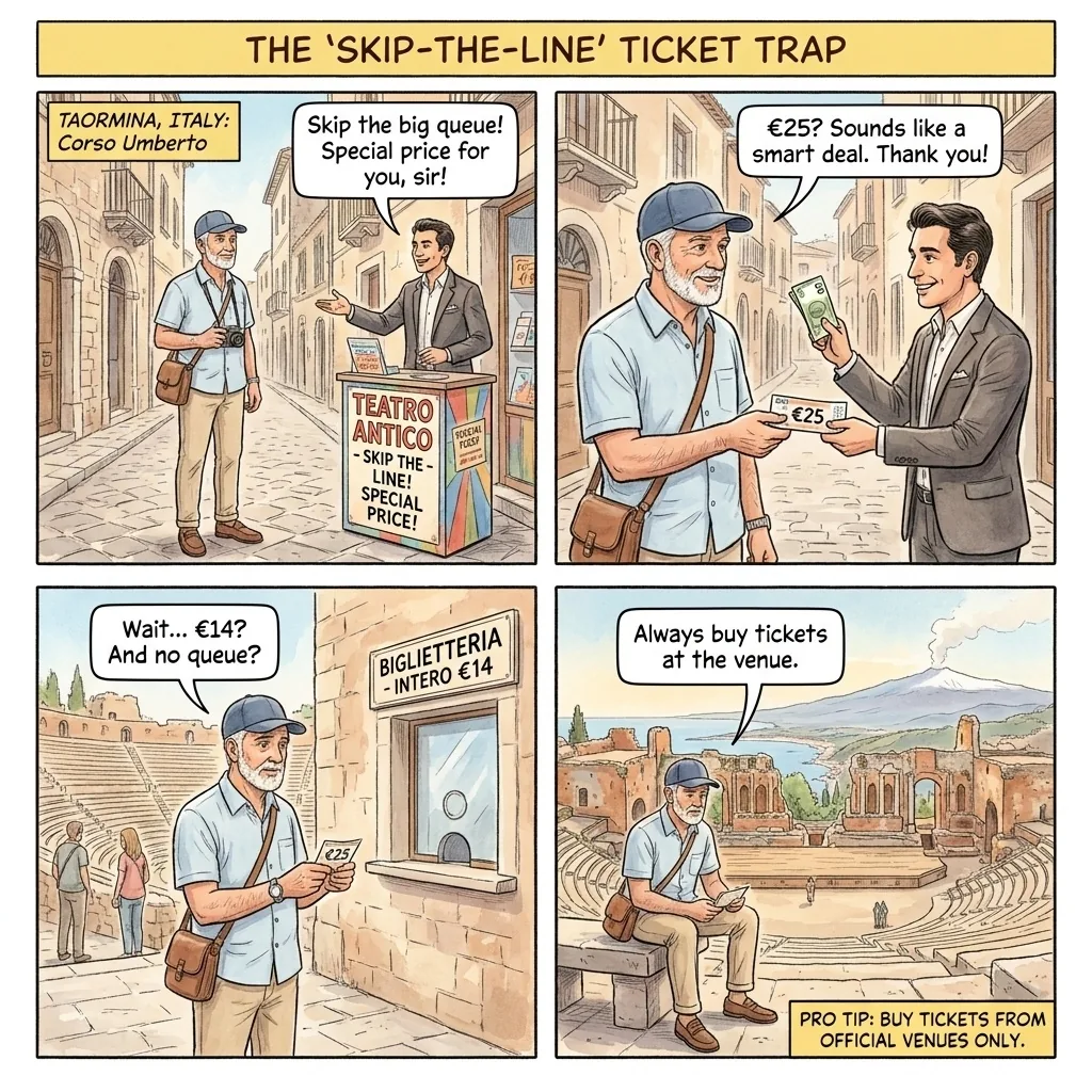 The Teatro Antico "Skip-the-Line" Ticket Markup — comic illustration
