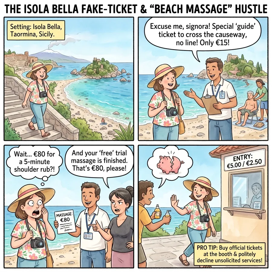 The Isola Bella Fake-Ticket & "Beach Massage" Hustle — comic illustration