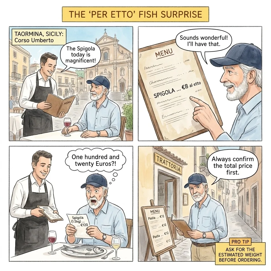 The Corso Umberto "Pesce al Etto" Restaurant Trap — comic illustration