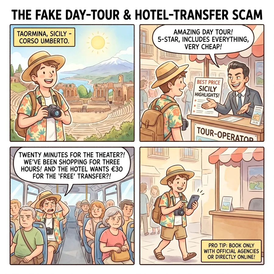 The Fake Day-Tour & Hotel-Transfer Scam — comic illustration