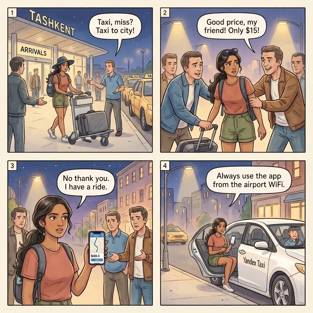 The Tashkent Airport Taxi-Tout Mob — comic illustration
