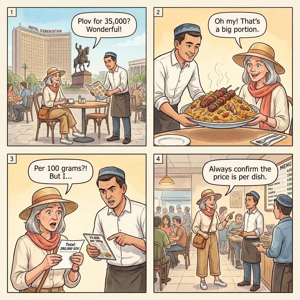 The Amir Timur Square Per-100g Menu Trick — comic illustration