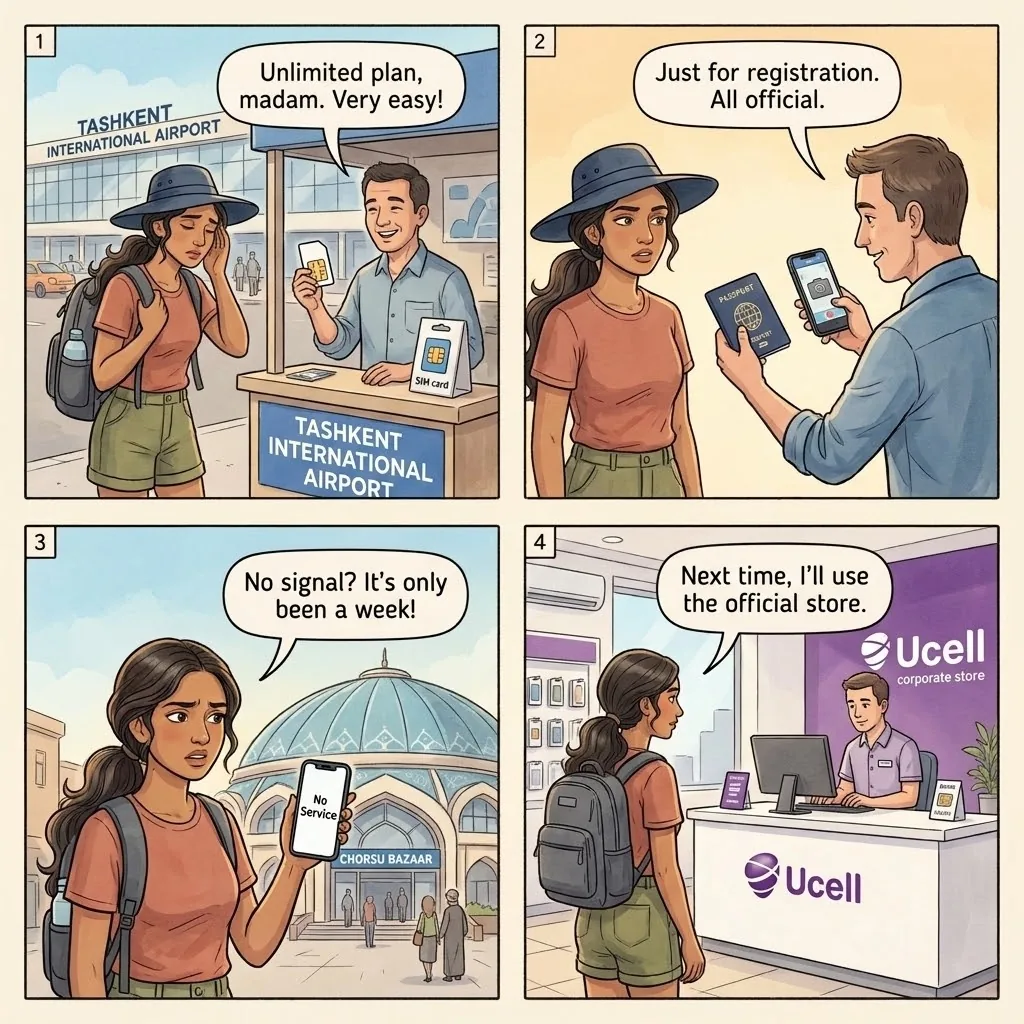 The Tashkent Kiosk Recycled-SIM Sale — comic illustration