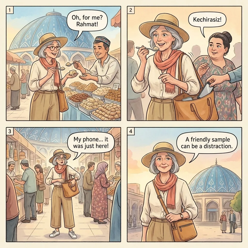 The Chorsu Bazaar Sample-Distraction Pickpocket — comic illustration