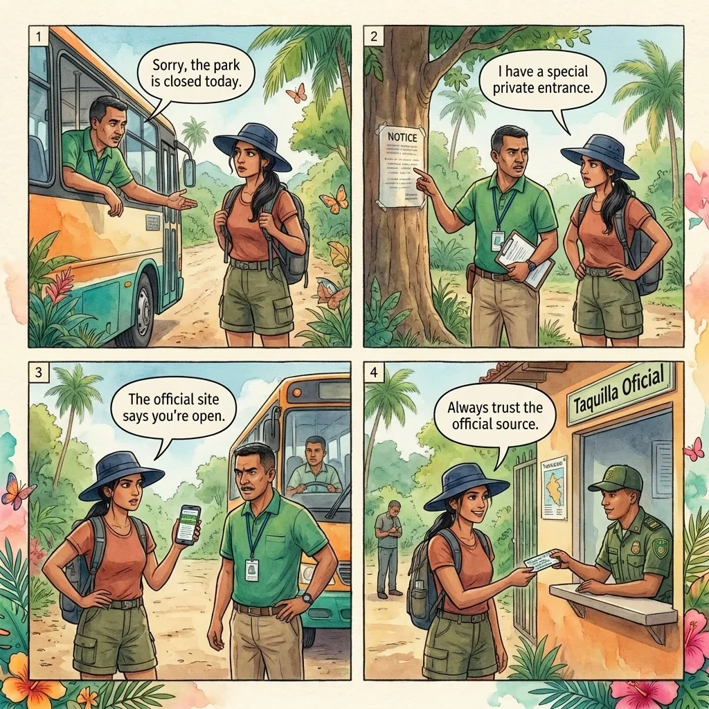 El Zaino Park Closed Today Redirect Scam — comic illustration