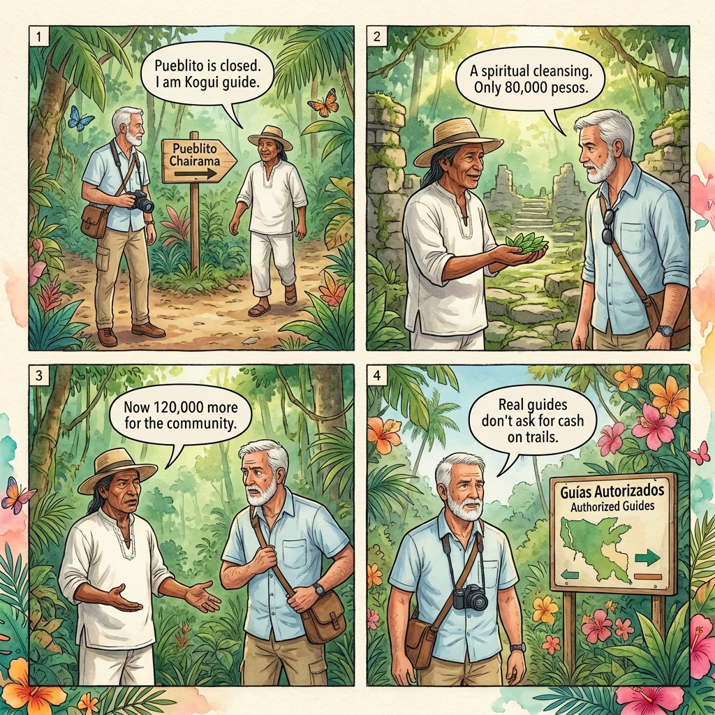 Pueblito Trail Fake-Indigenous Guide & Coca-Leaf Charge — comic illustration