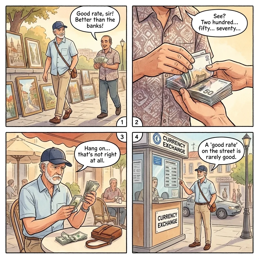 The Dry Bridge Market Lari-Palm Hand-Off — comic illustration