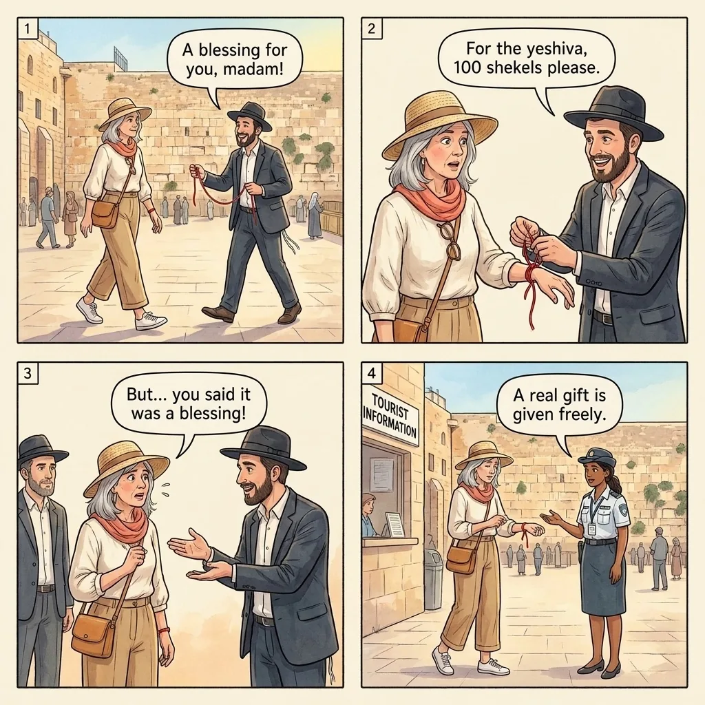 The Western Wall Red-String Donation Press — comic illustration