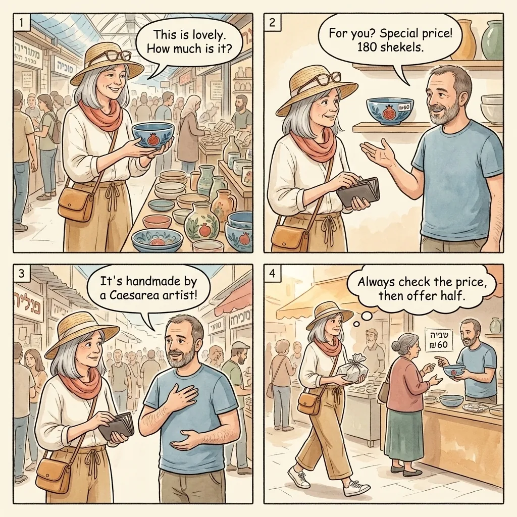 The Carmel Market Tourist Price Markup — comic illustration