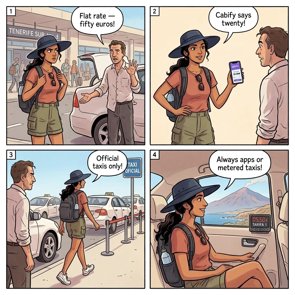 Tenerife South / Tenerife North Airport Taxi Overcharge — comic illustration