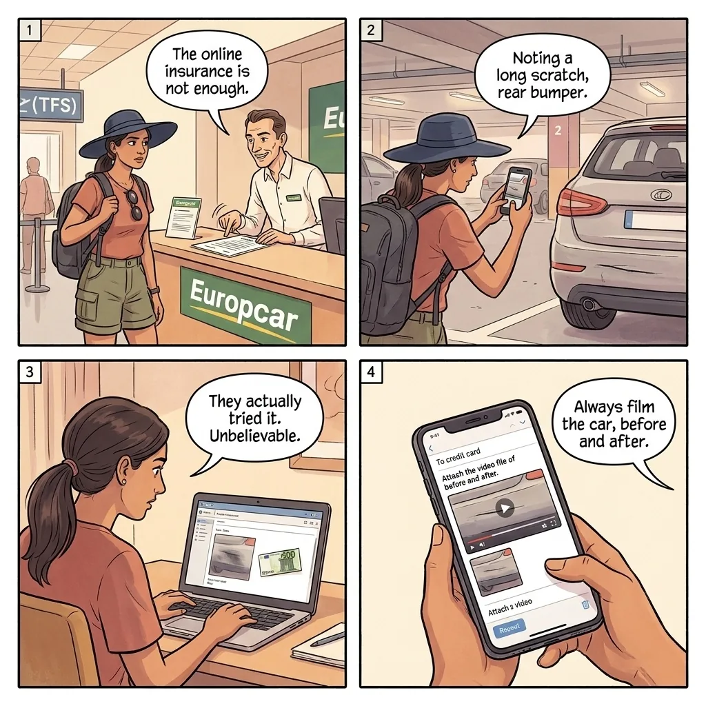 Tenerife Rental Car Scams — Europcar Tenerife Sur Flagged — comic illustration