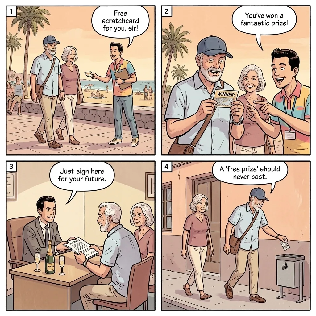 Tenerife Timeshare Pressure Sales — £28m UK Elder-Fraud Network — comic illustration