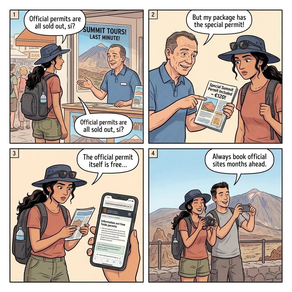 Teide National Park Permit & Tour Package Scams — comic illustration