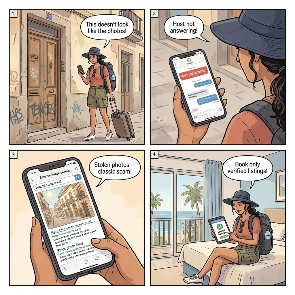 Tenerife Airbnb, Camper Van & Short-Term Rental Fraud — comic illustration