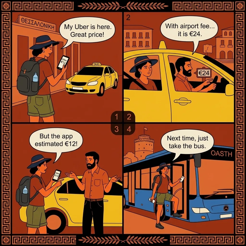 Thessaloniki Airport  Taxi & Uber Overcharge — comic illustration