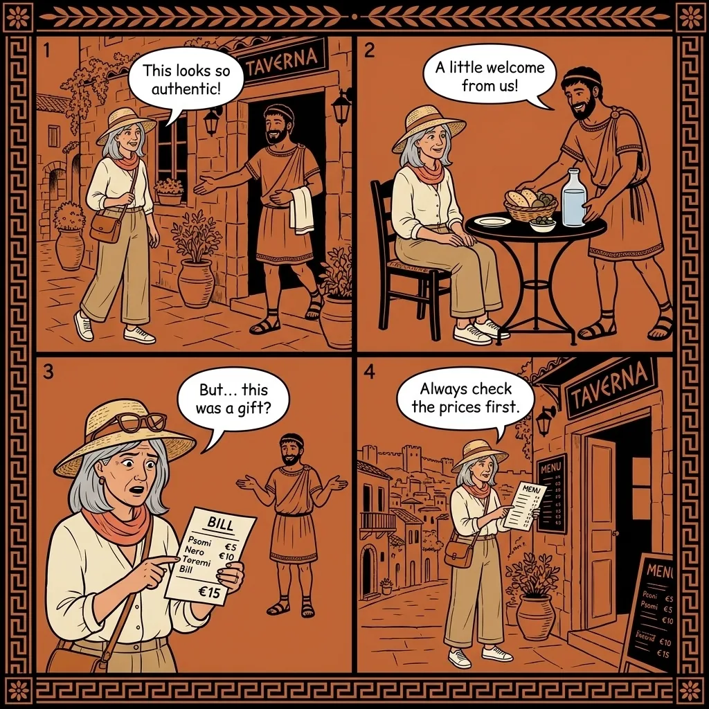 Ladadika & White Tower Waterfront Restaurant Overcharge — comic illustration