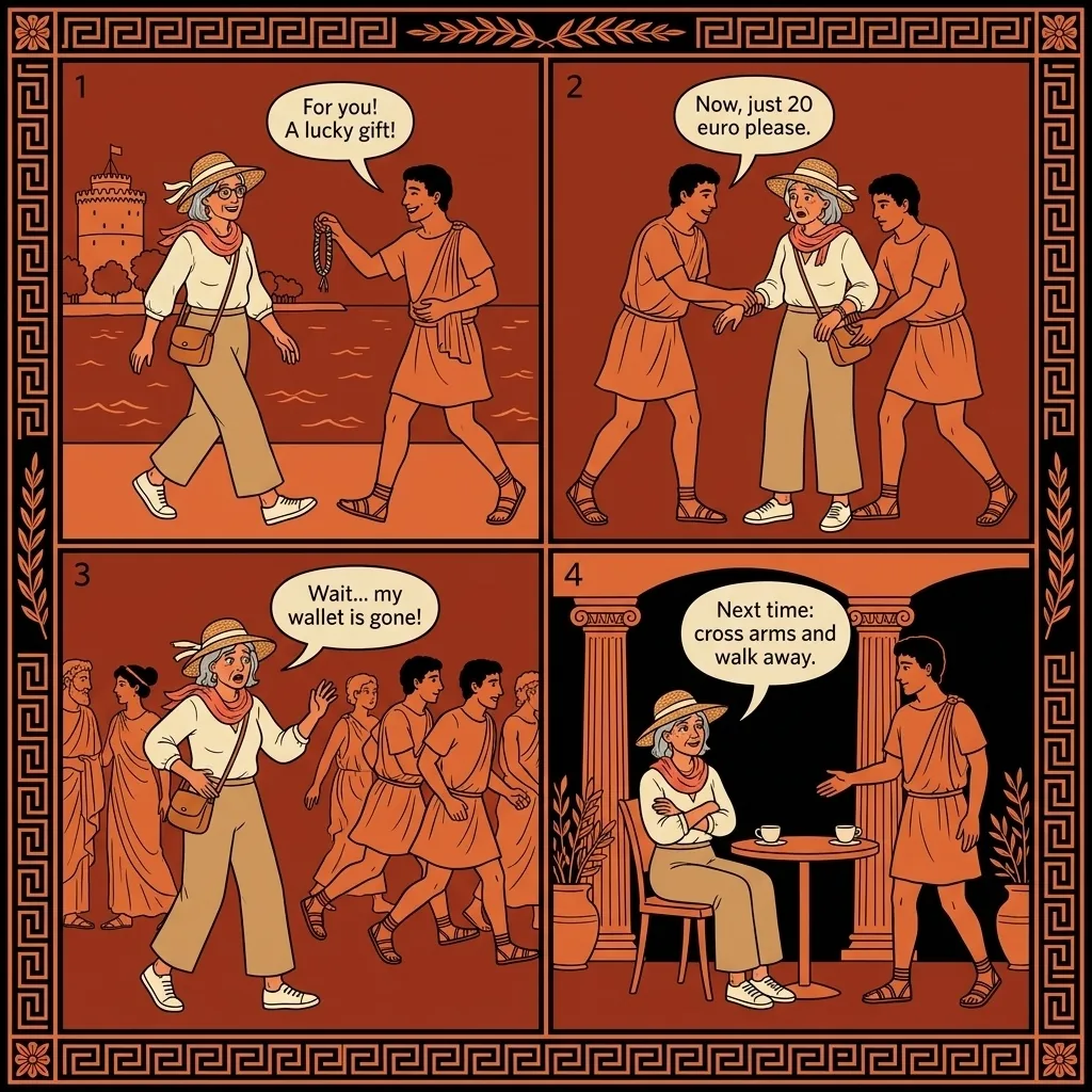 Aristotelous & Waterfront Bracelet & Distraction Pickpocket — comic illustration
