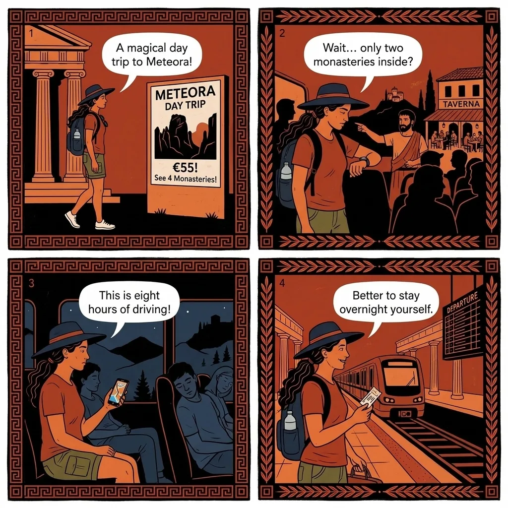 Meteora & Mount Olympus Day-Trip Bait-and-Switch — comic illustration