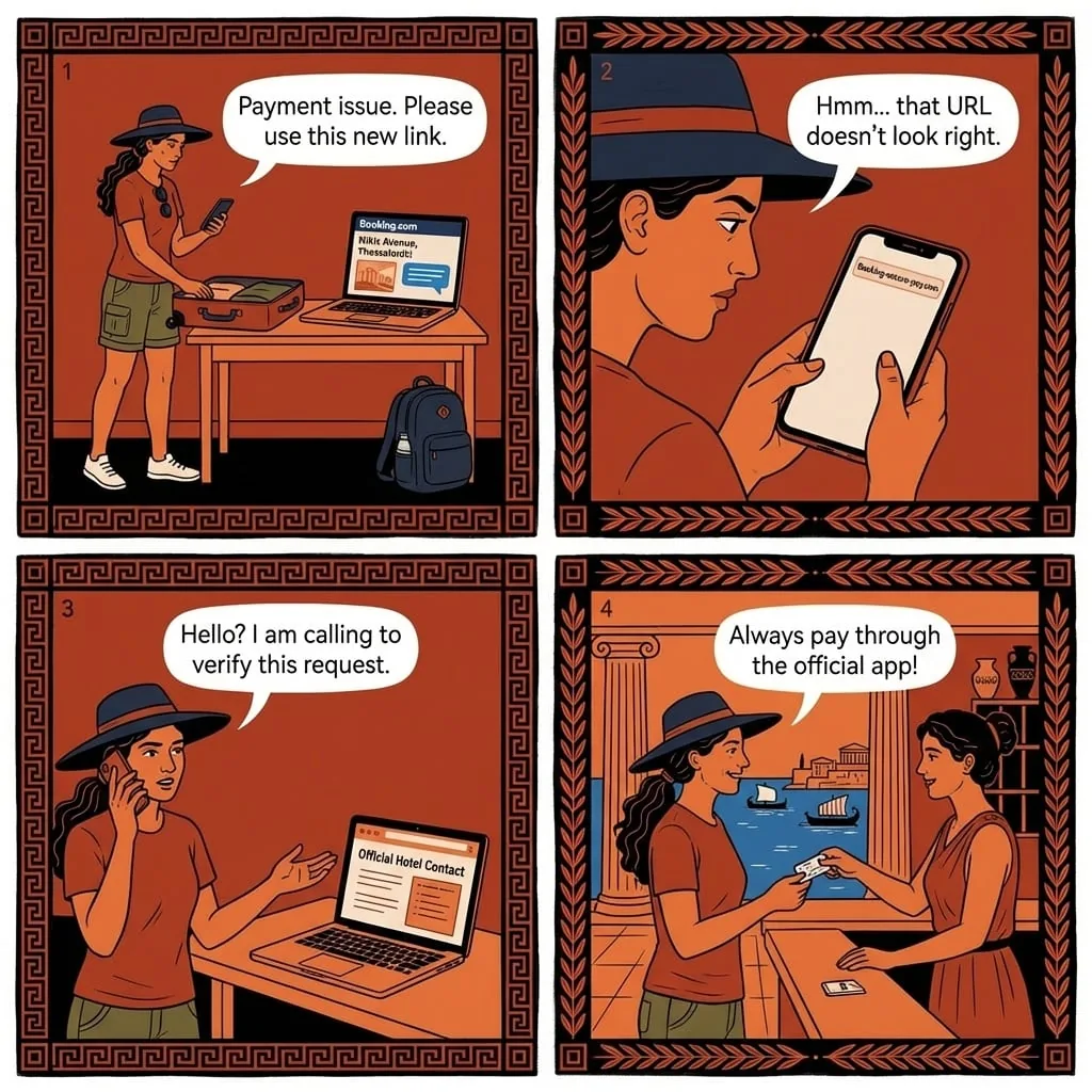Thessaloniki Hotel & Airbnb Booking Fraud — comic illustration