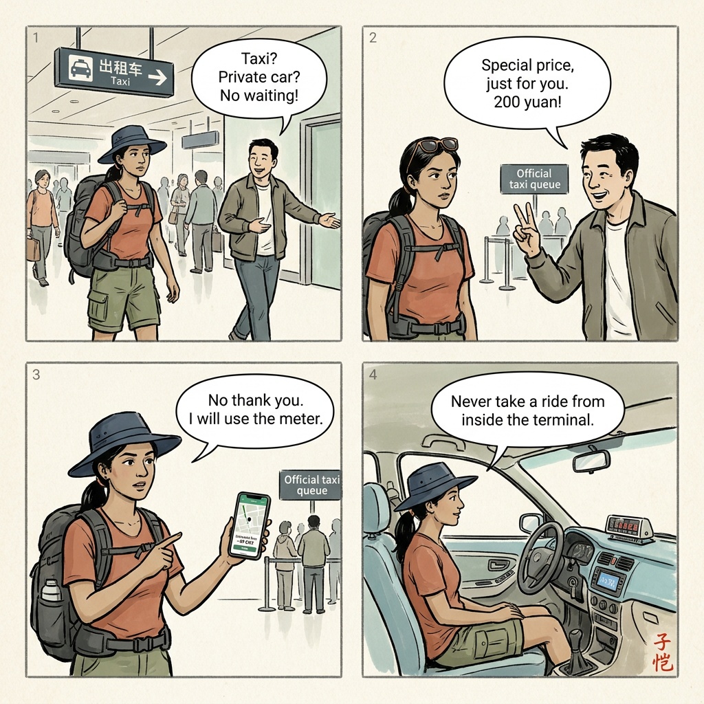 Tianjin Binhai (TSN) Black-Taxi Overcharge and Rail-Diversion Tout — comic illustration