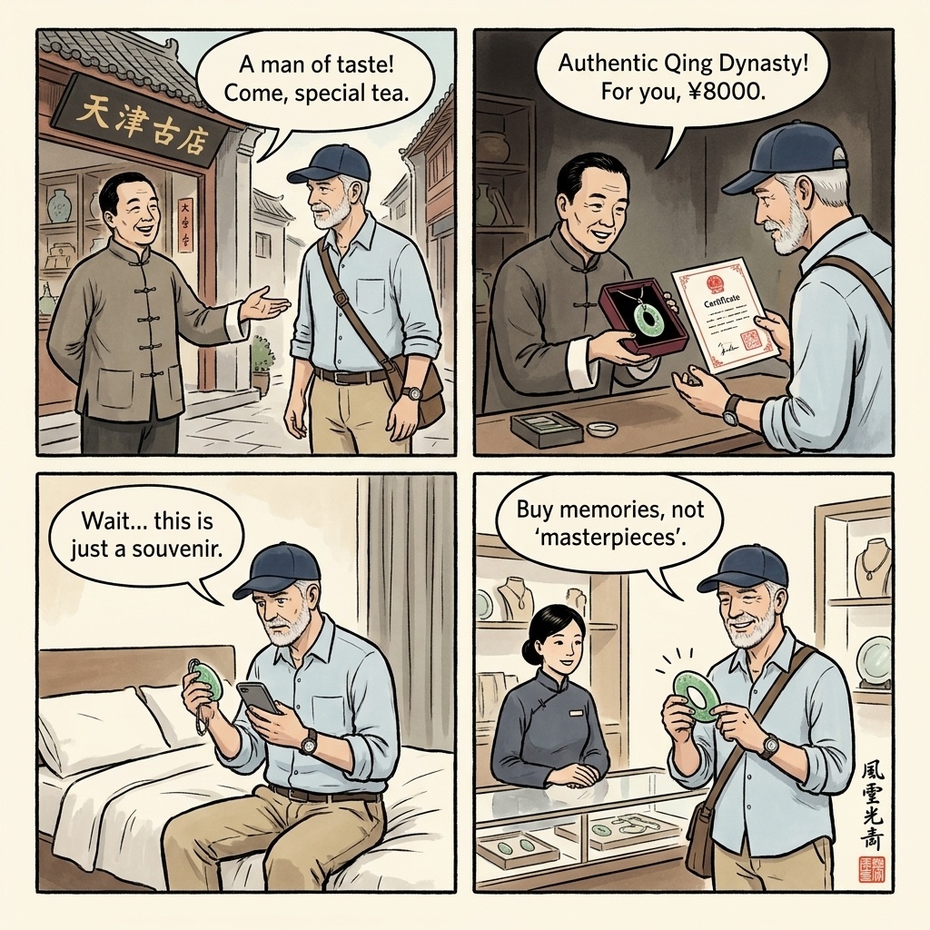 Ancient Culture Street and Drum Tower Antique-Jade Authenticity Fraud — comic illustration