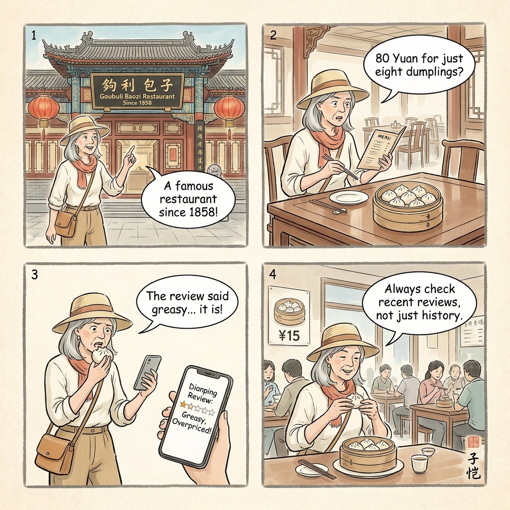 Goubuli Baozi and Tianjin Tourist-Strip Restaurant Bill Padding — comic illustration