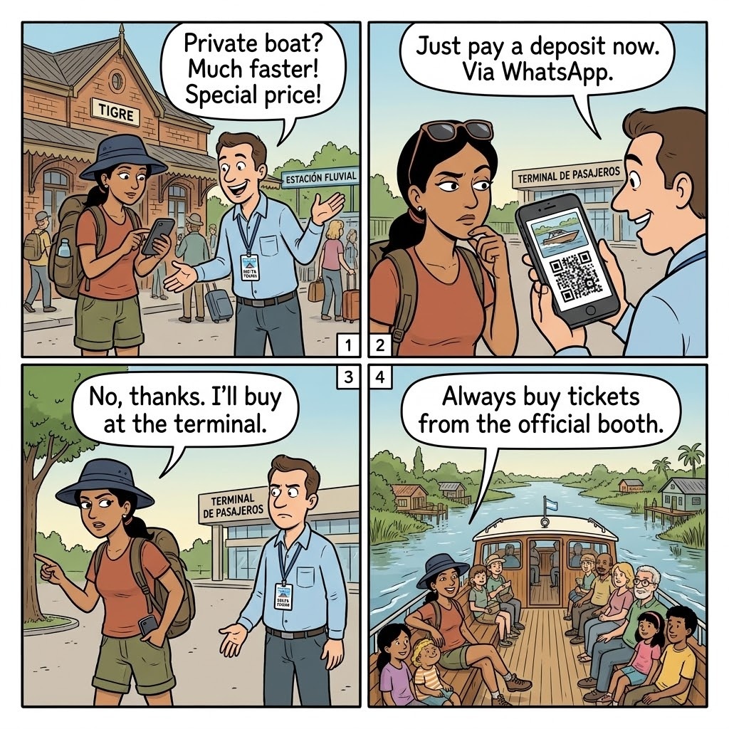 Tigre Unlicensed Boat Operator Scam at Estación Fluvial — comic illustration