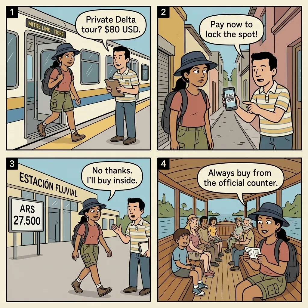 Tigre Unlicensed Boat Operator Scam at Estación Fluvial — comic illustration