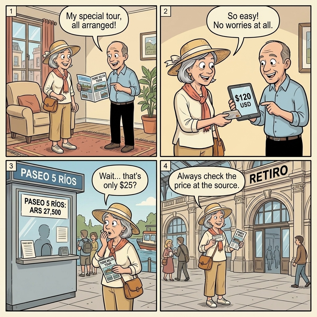 Tigre Host-Arranged Day-Trip Tour Price Padding — comic illustration