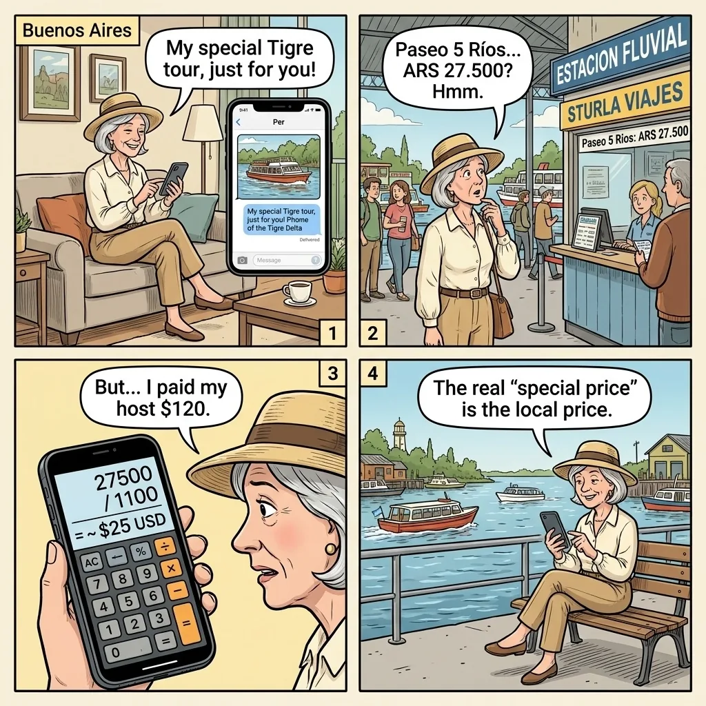Tigre Host-Arranged Day-Trip Tour Price Padding — comic illustration