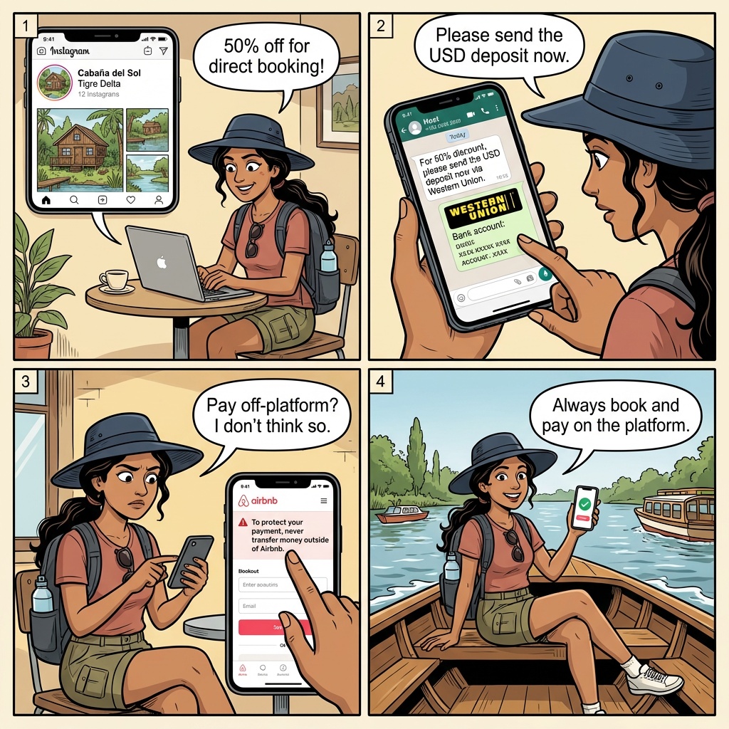 Tigre Delta Lodge & Airbnb Off-Platform Booking Fraud — comic illustration
