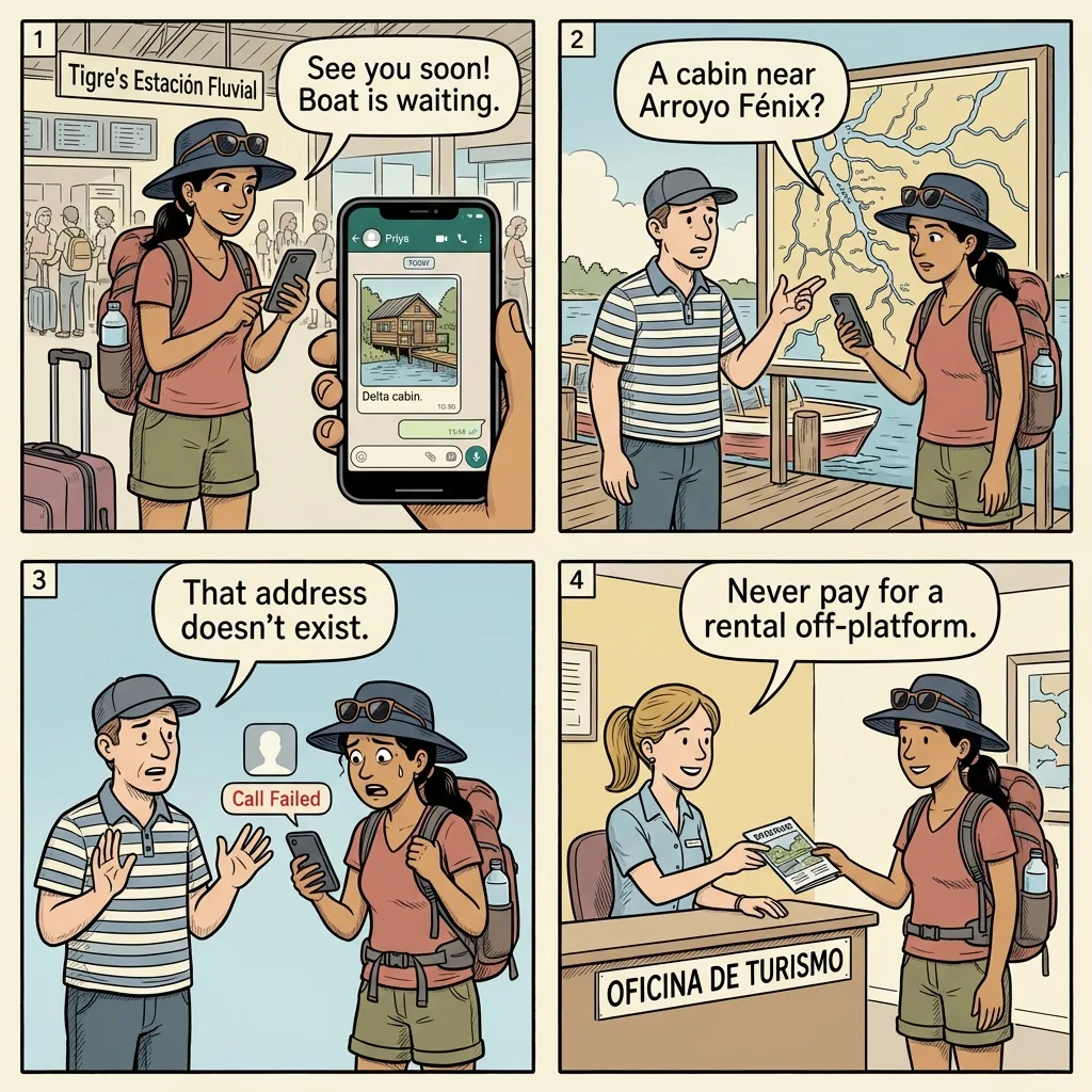 Tigre Delta Lodge & Airbnb Off-Platform Booking Fraud — comic illustration
