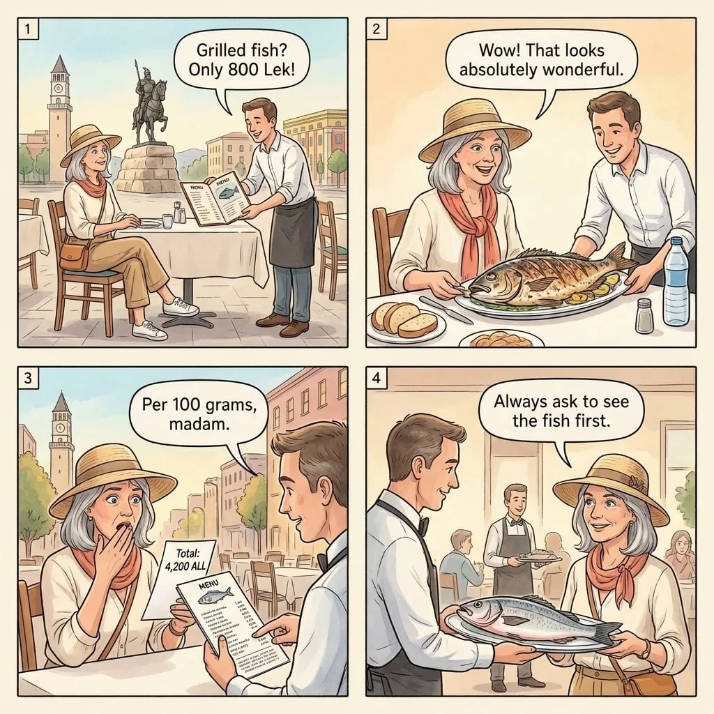 Restaurant Weight-Based Seafood Billing — comic illustration