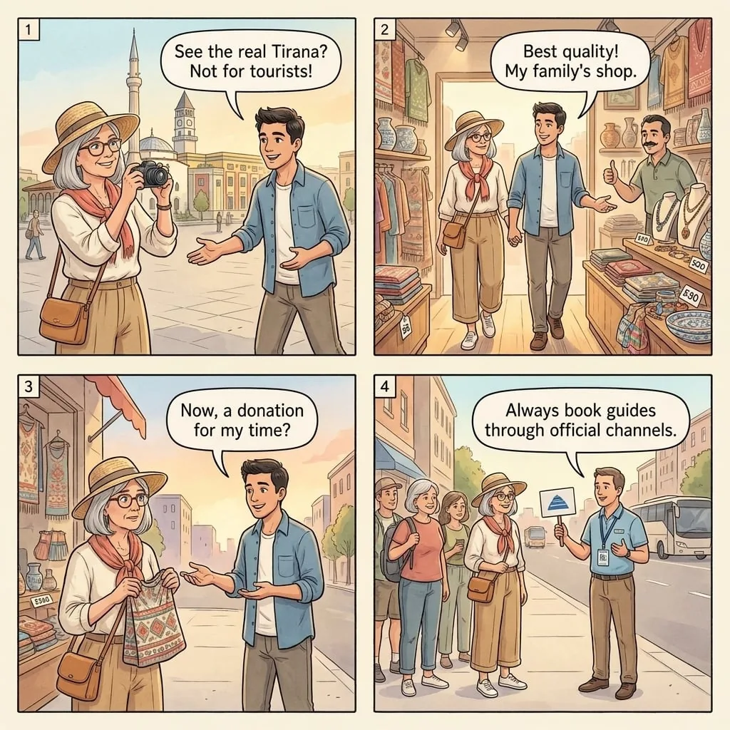 Fake Tour Guide Commission Hustle — comic illustration