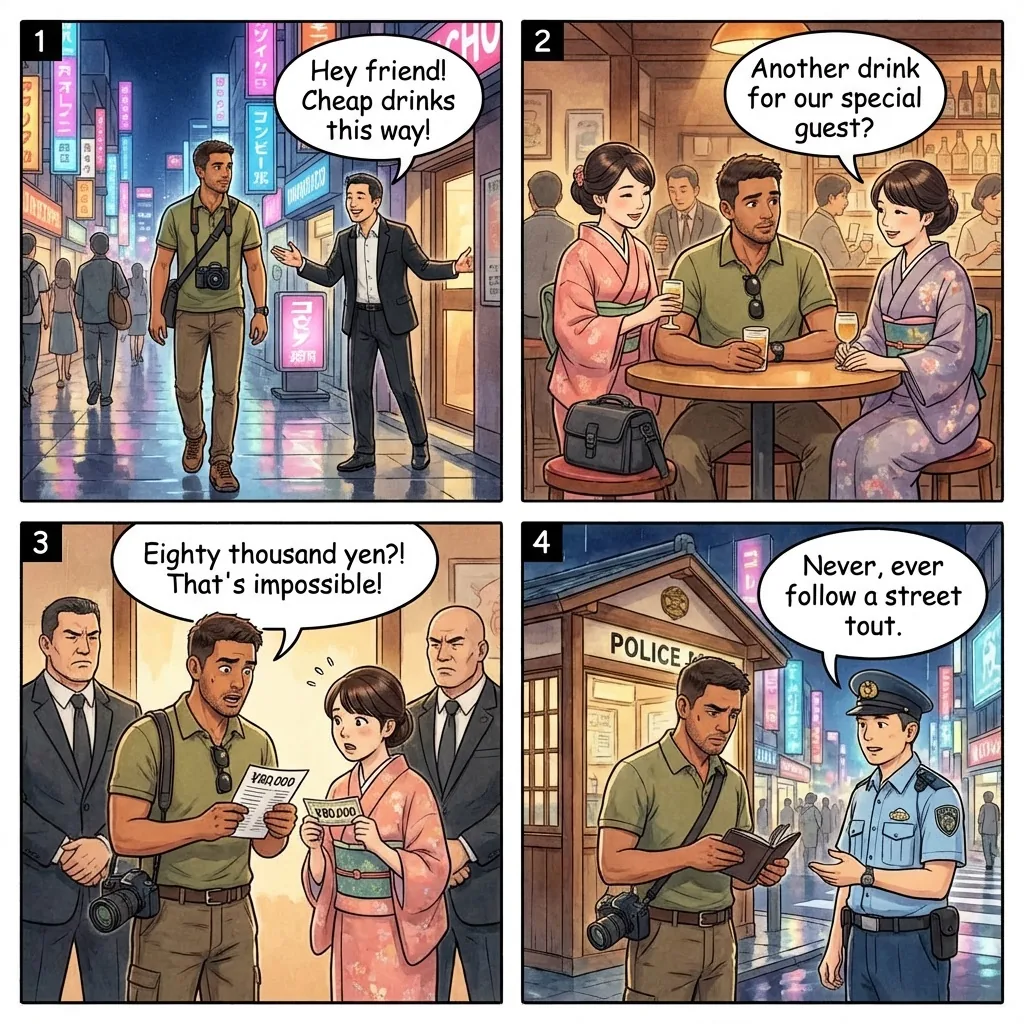 The Bottakuri Bar Overcharge — comic illustration in Studio Ghibli style