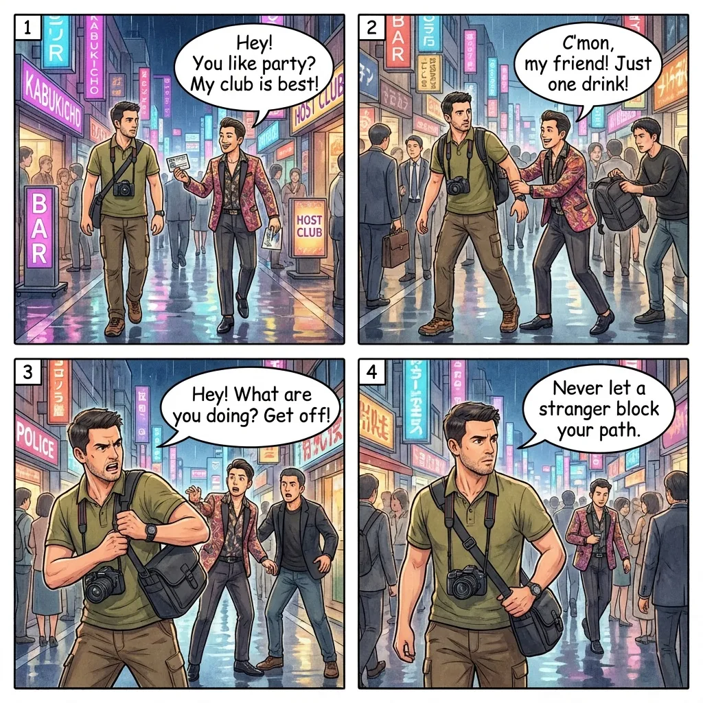 The Kabukicho Street Tout Ambush — comic illustration