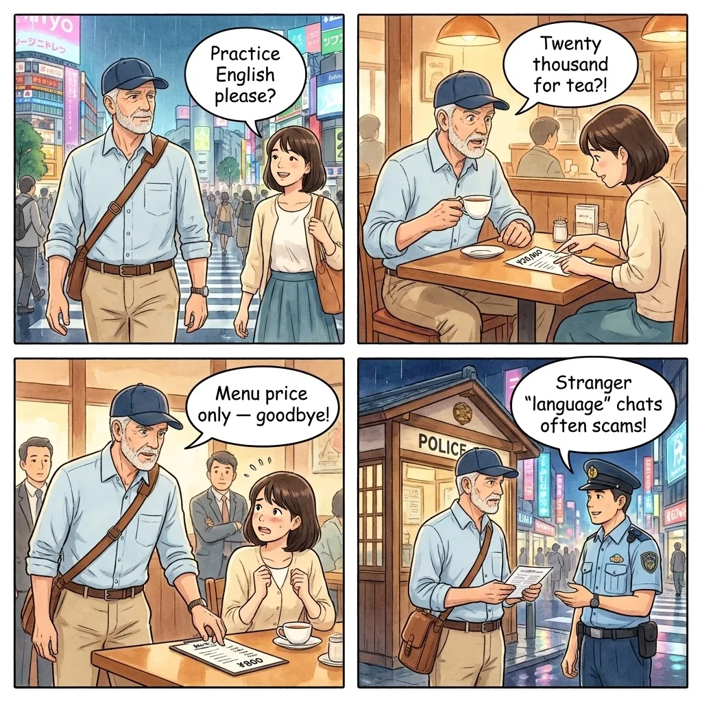 The English Conversation / Student Scam — comic illustration