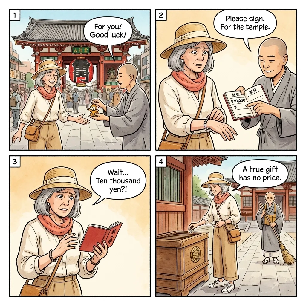The Fake Monk Donation Scam — comic illustration