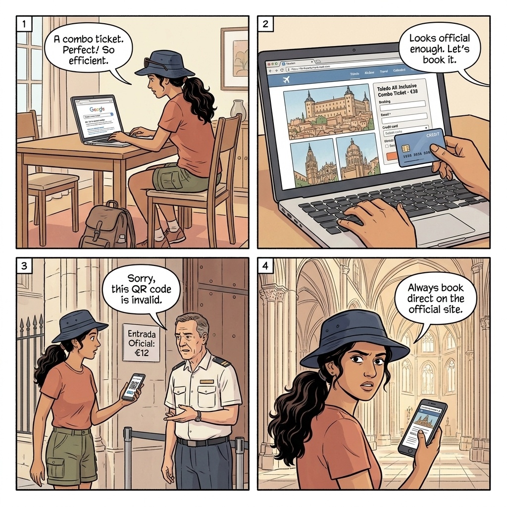 Fake Toledo Cathedral, Alcázar & Synagogue Combo-Ticket Websites — comic illustration