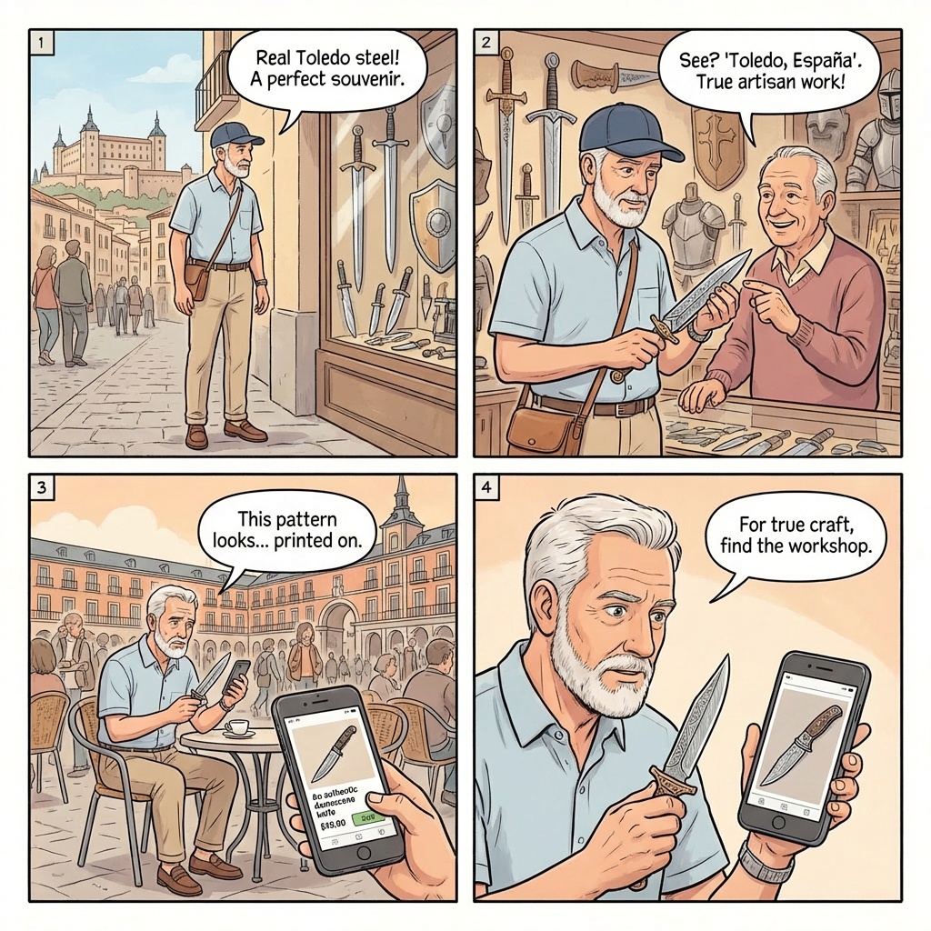 'Authentic Damascene' Knife & Sword Counterfeit Shops — comic illustration