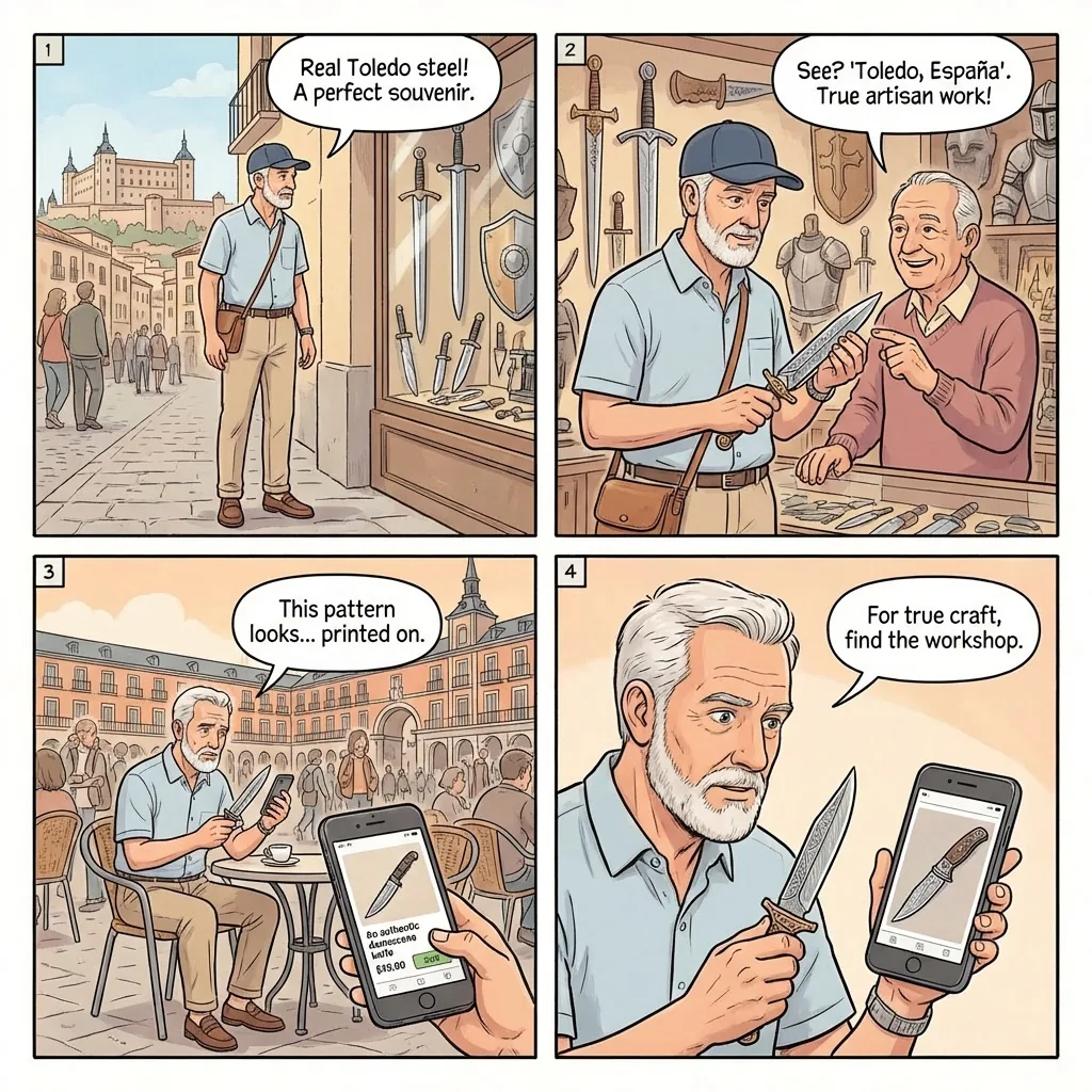 'Authentic Damascene' Knife & Sword Counterfeit Shops — comic illustration