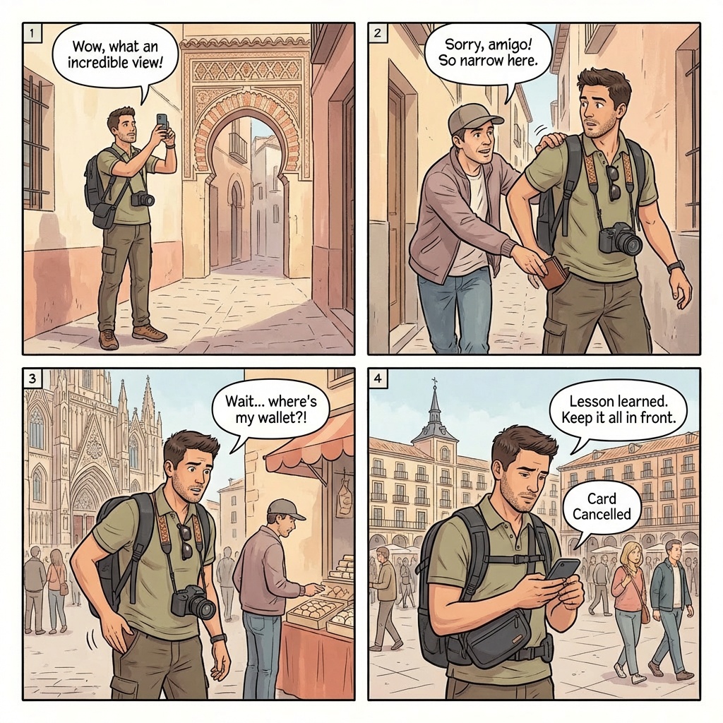 Toledo Old Town Distraction Pickpockets — comic illustration