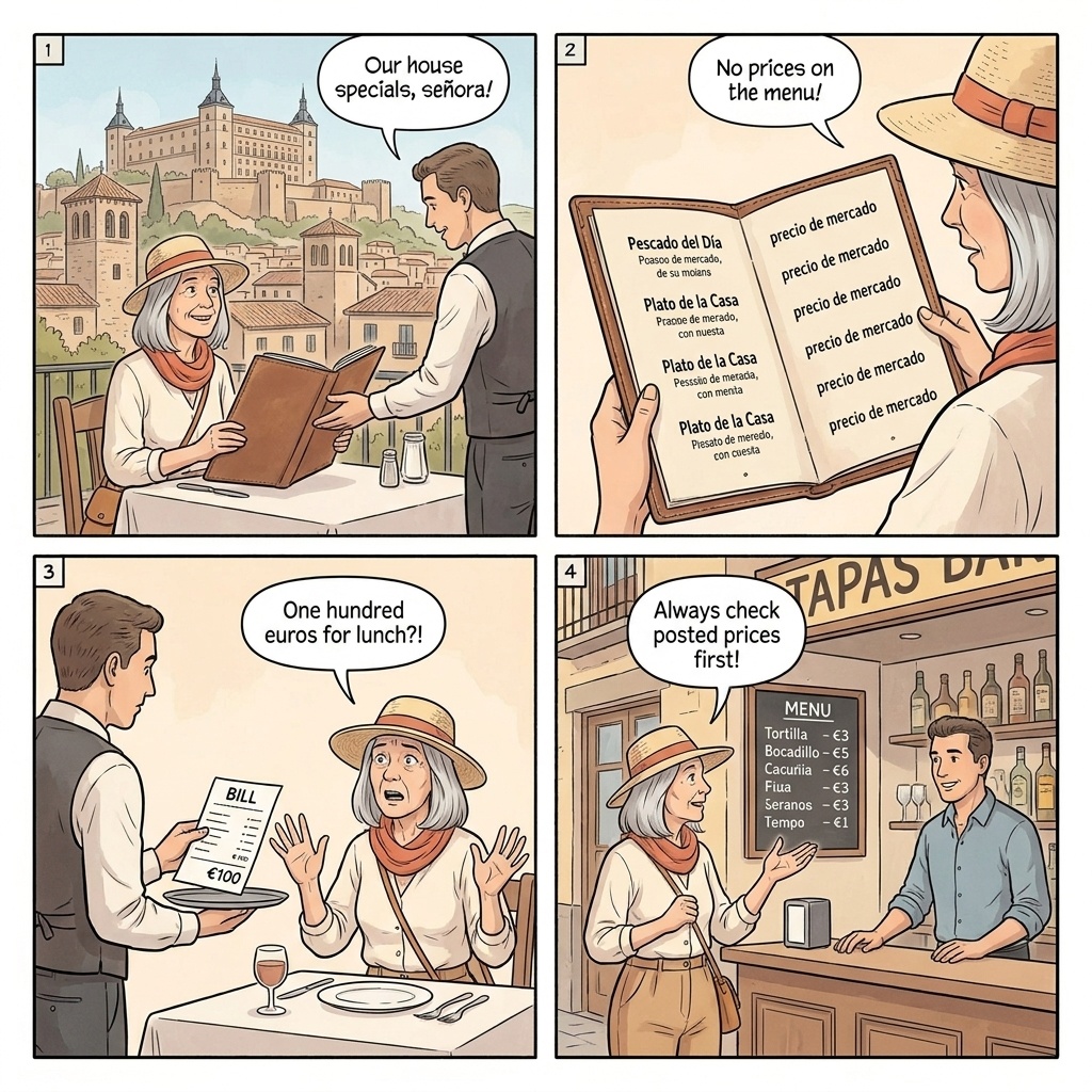 Plaza de Zocodover Tourist-Menu Restaurant Overcharge — comic illustration