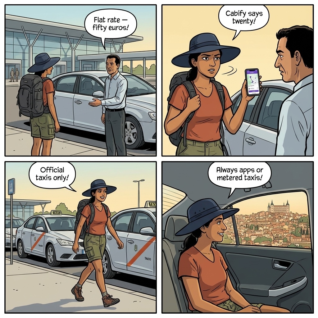 Toledo Train Station Taxi Overcharge & Route Skimming — comic illustration