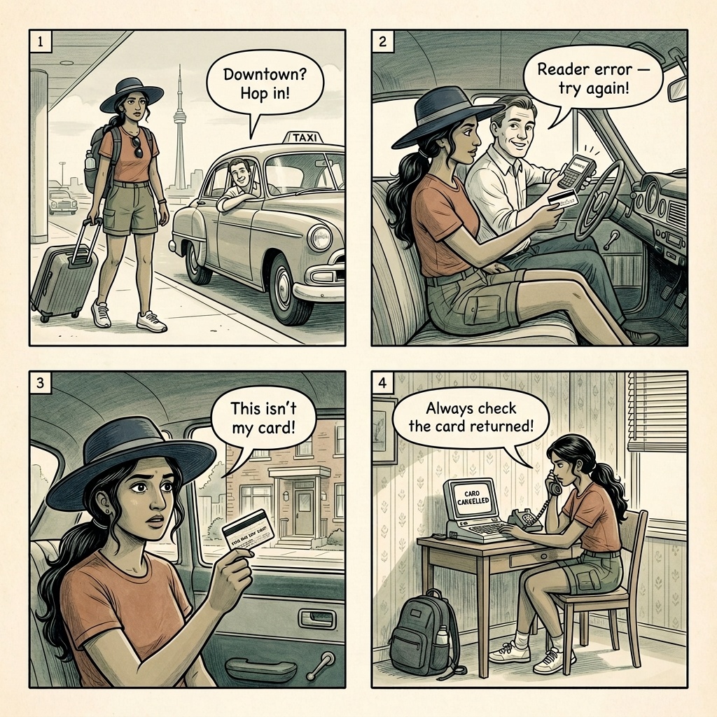 Taxi Card-Swap Fraud — comic illustration