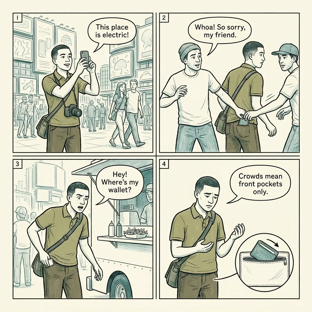 Pickpocketing at Yonge-Dundas Square and Eaton Centre — comic illustration