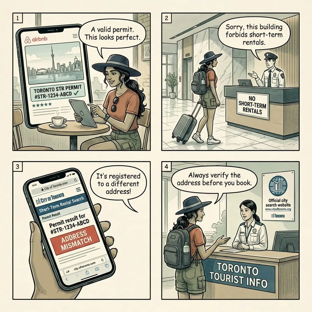 Airbnb Permit Hijacking and Fake Rental Listings — comic illustration