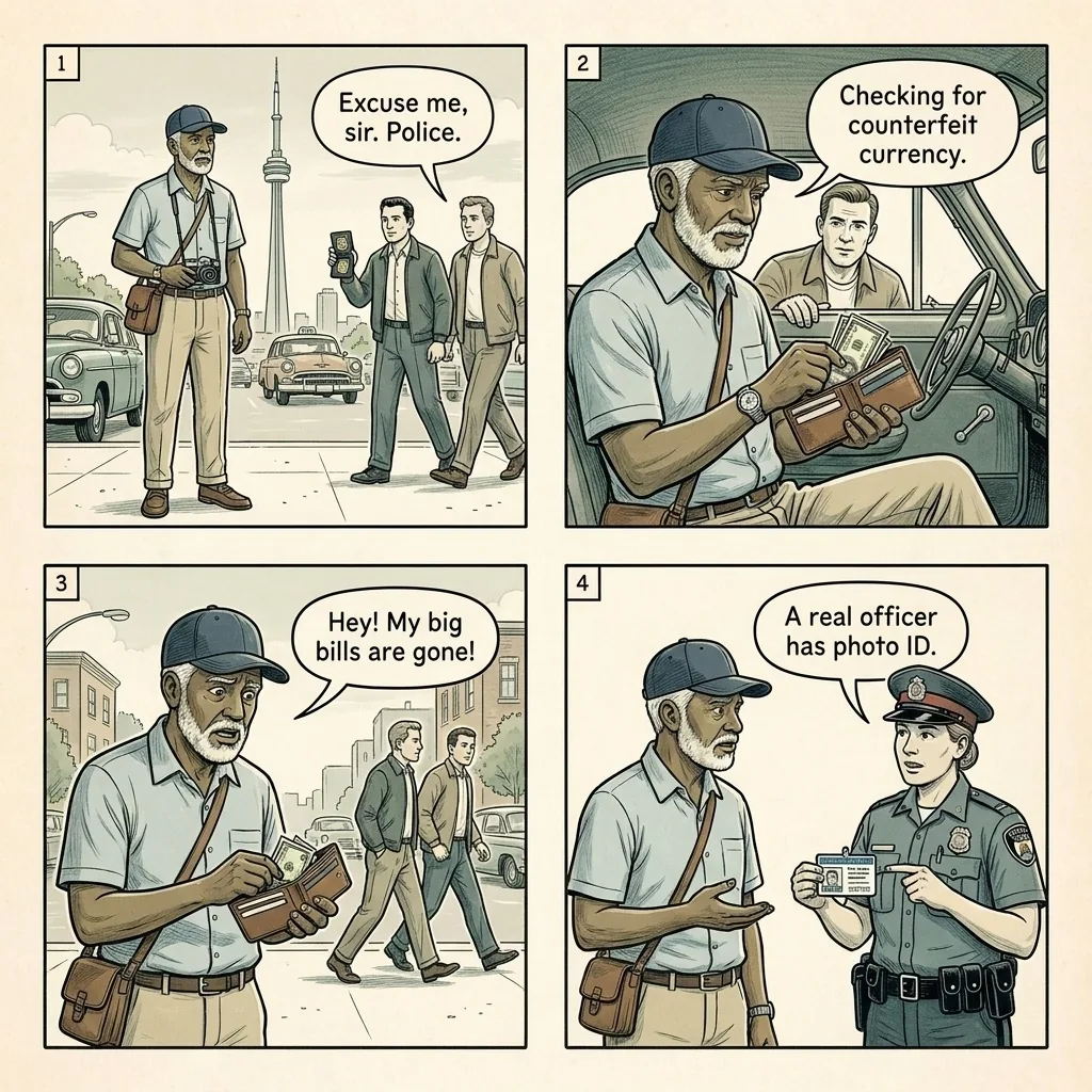 Fake Police Identity Check — comic illustration