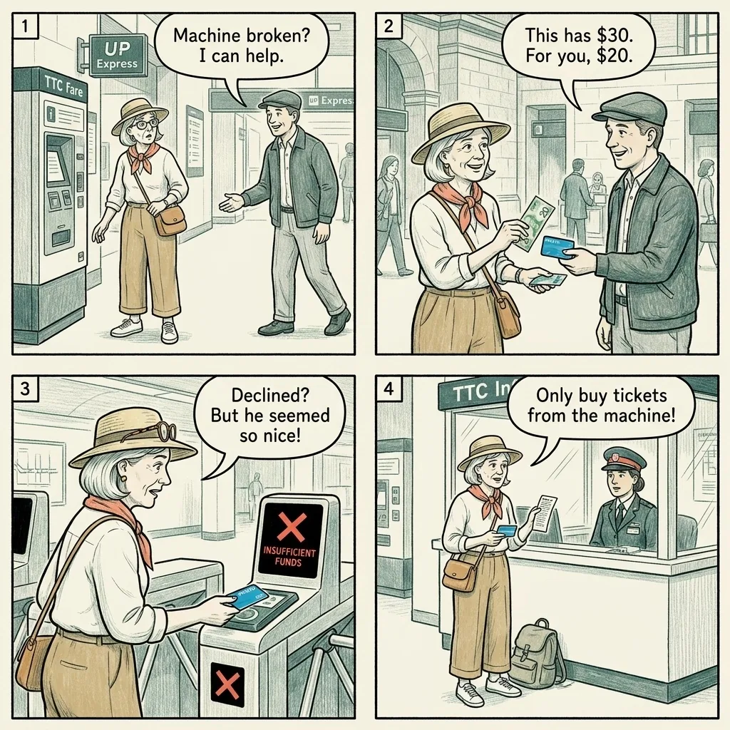 TTC Transit Ticket and Presto Card Scams — comic illustration