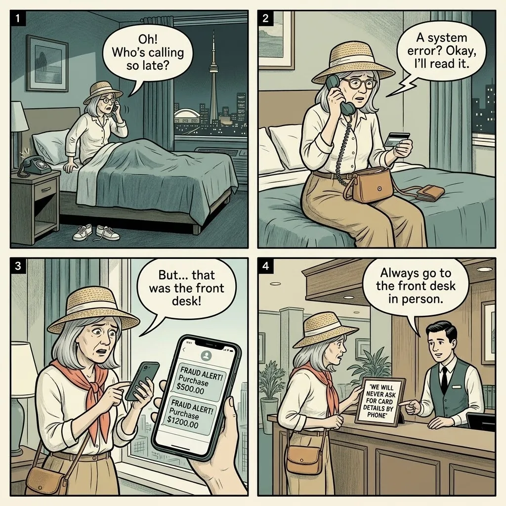 Impersonation Phone Scams Targeting Hotel Guests — comic illustration